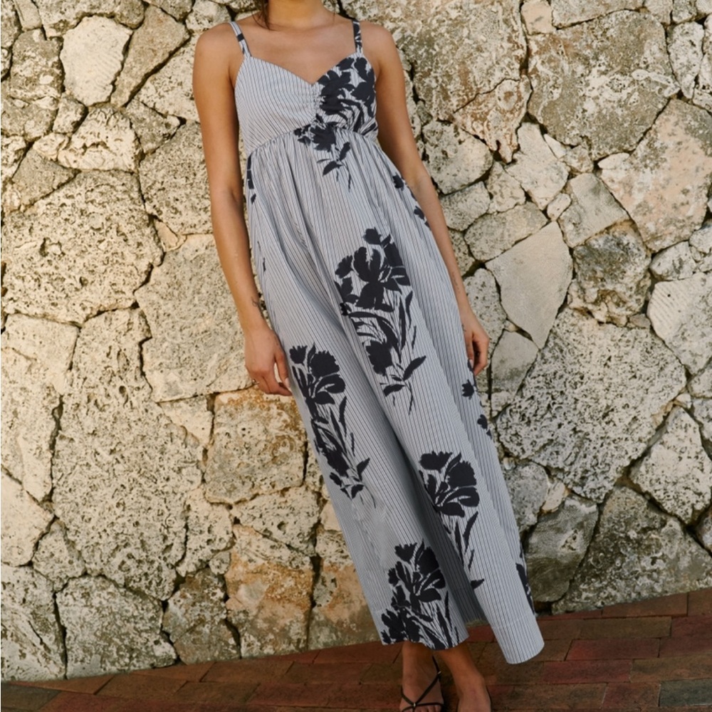 NWT Abercrombie & Fitch Sweetheart Babydoll Striped Navy Floral Maxi Dress - Picture 6 of 6